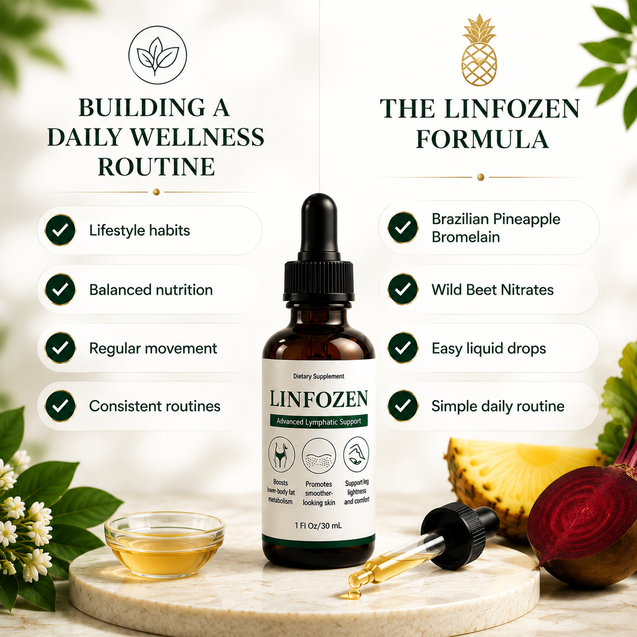 Daily wellness routine and Linfozen formula overview