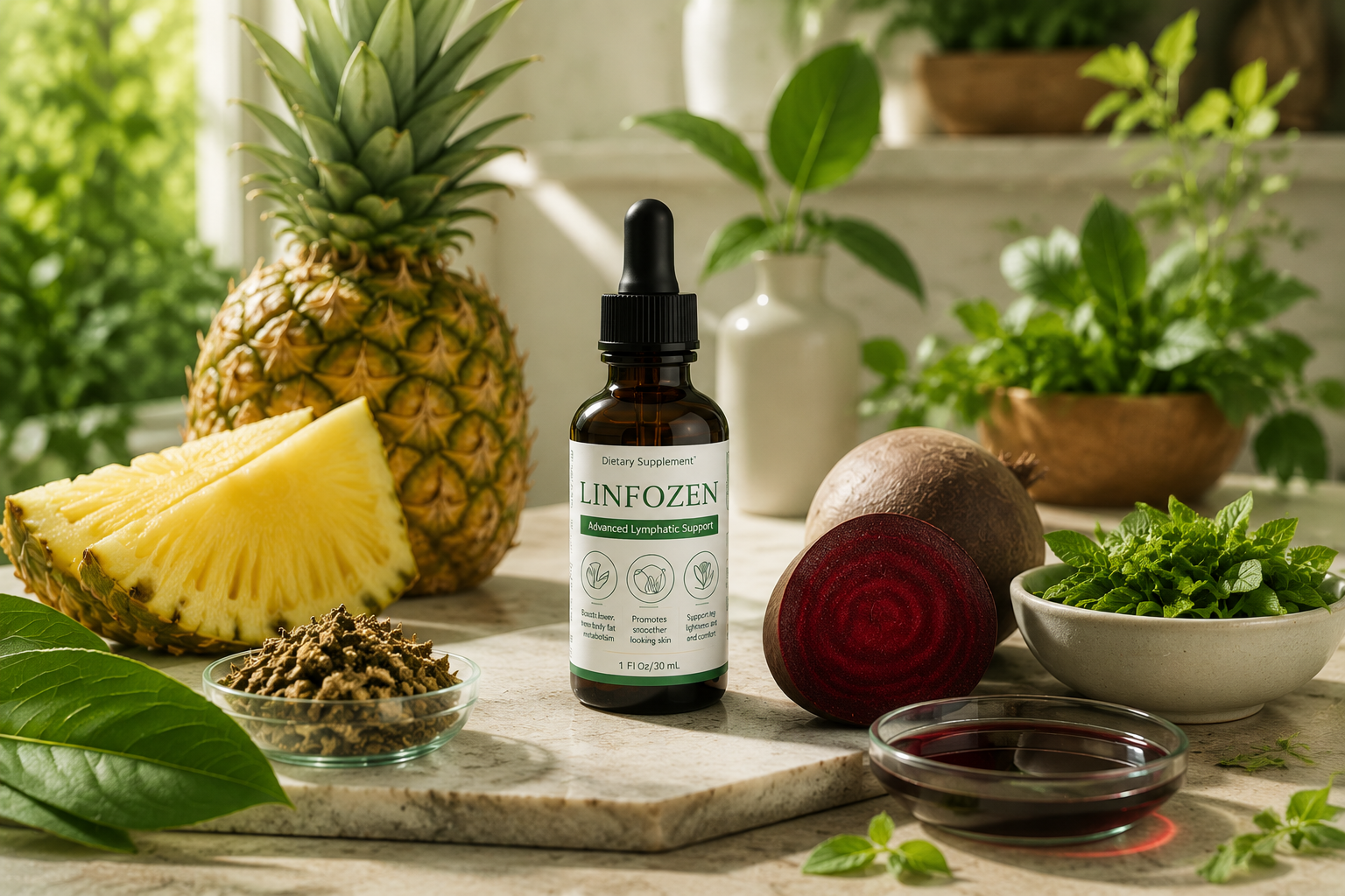 Linfozen bottle with pineapple, beet and botanical ingredients