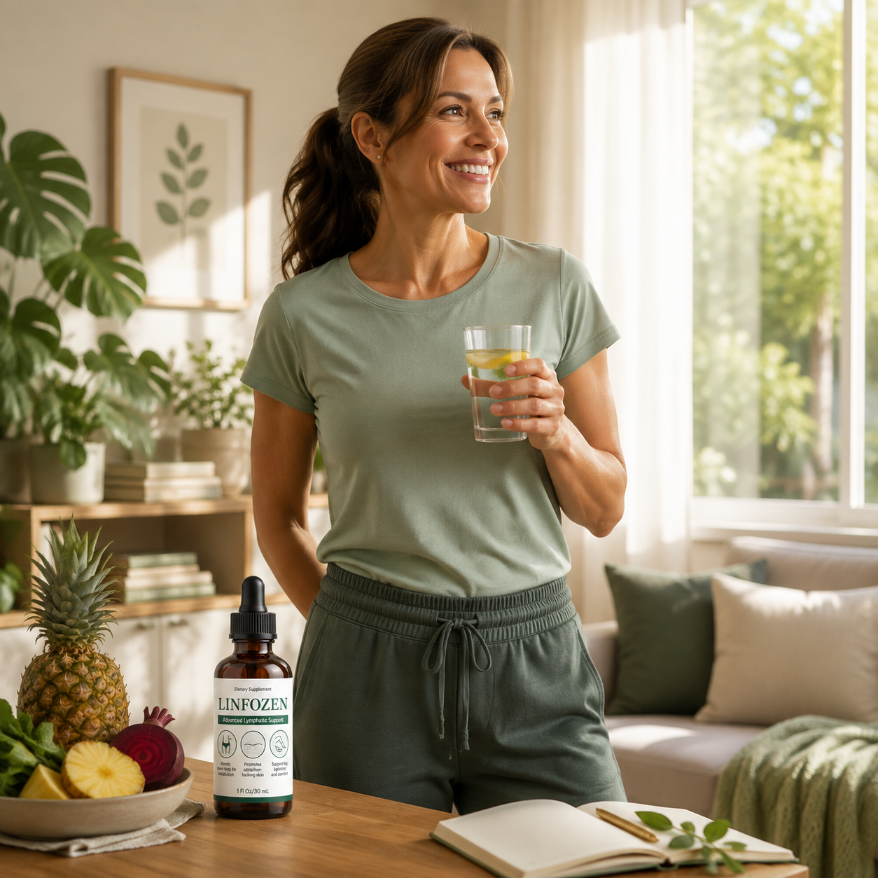 Woman incorporating Linfozen into a daily wellness routine