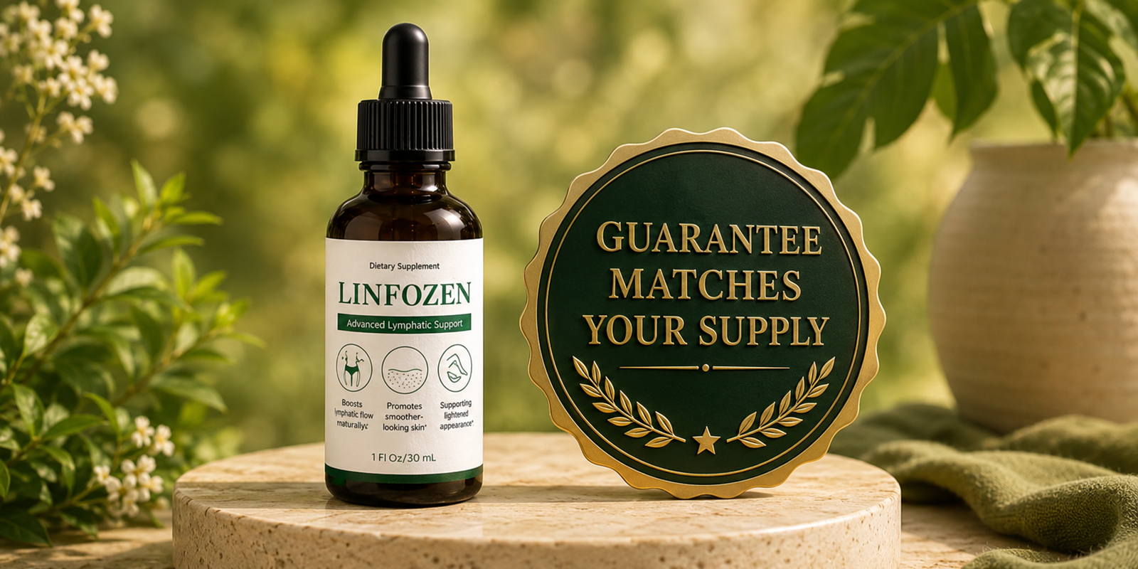 Linfozen bottle beside a guarantee-matches-your-supply medallion