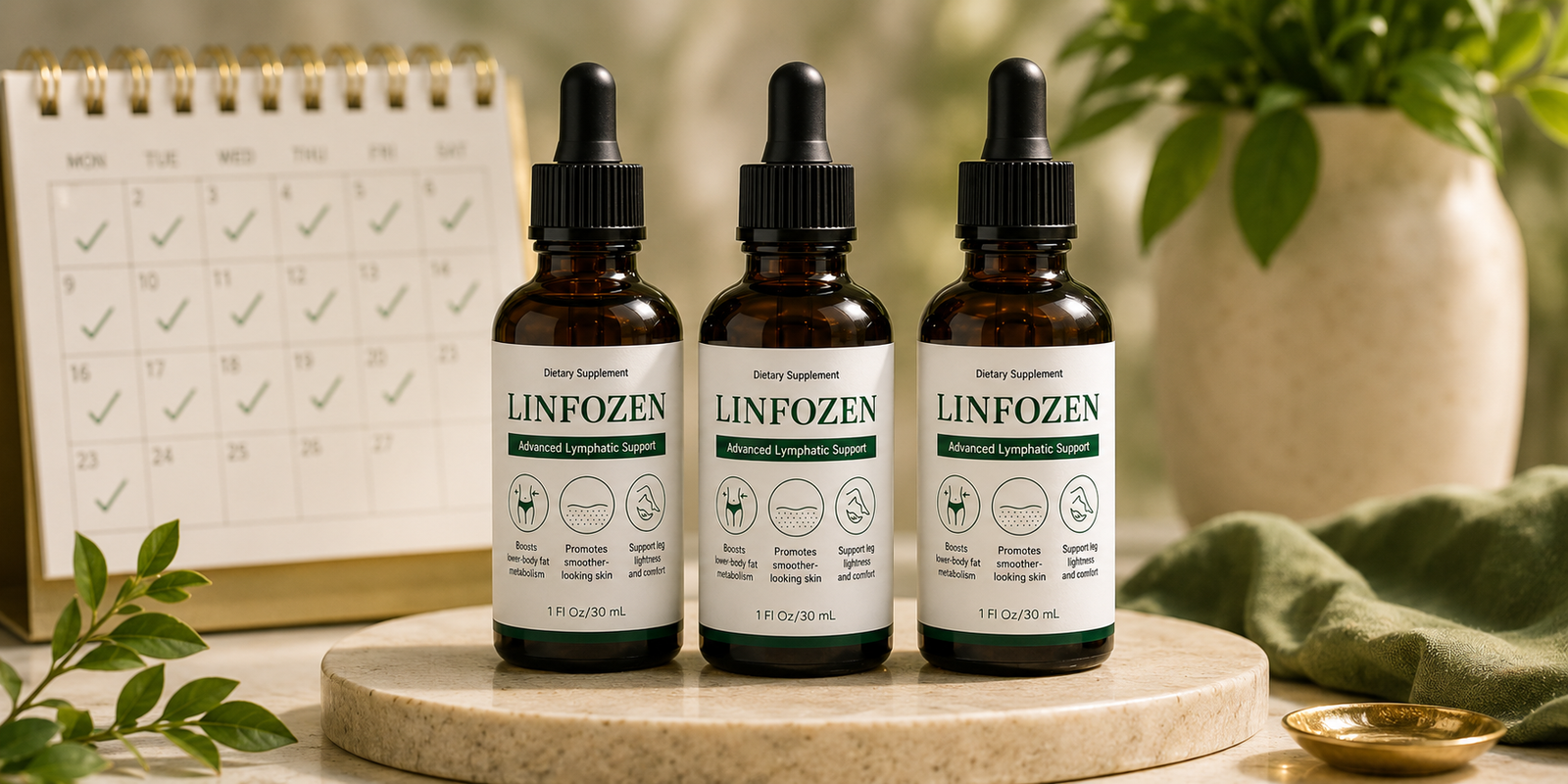 Three Linfozen bottles displayed beside a daily calendar