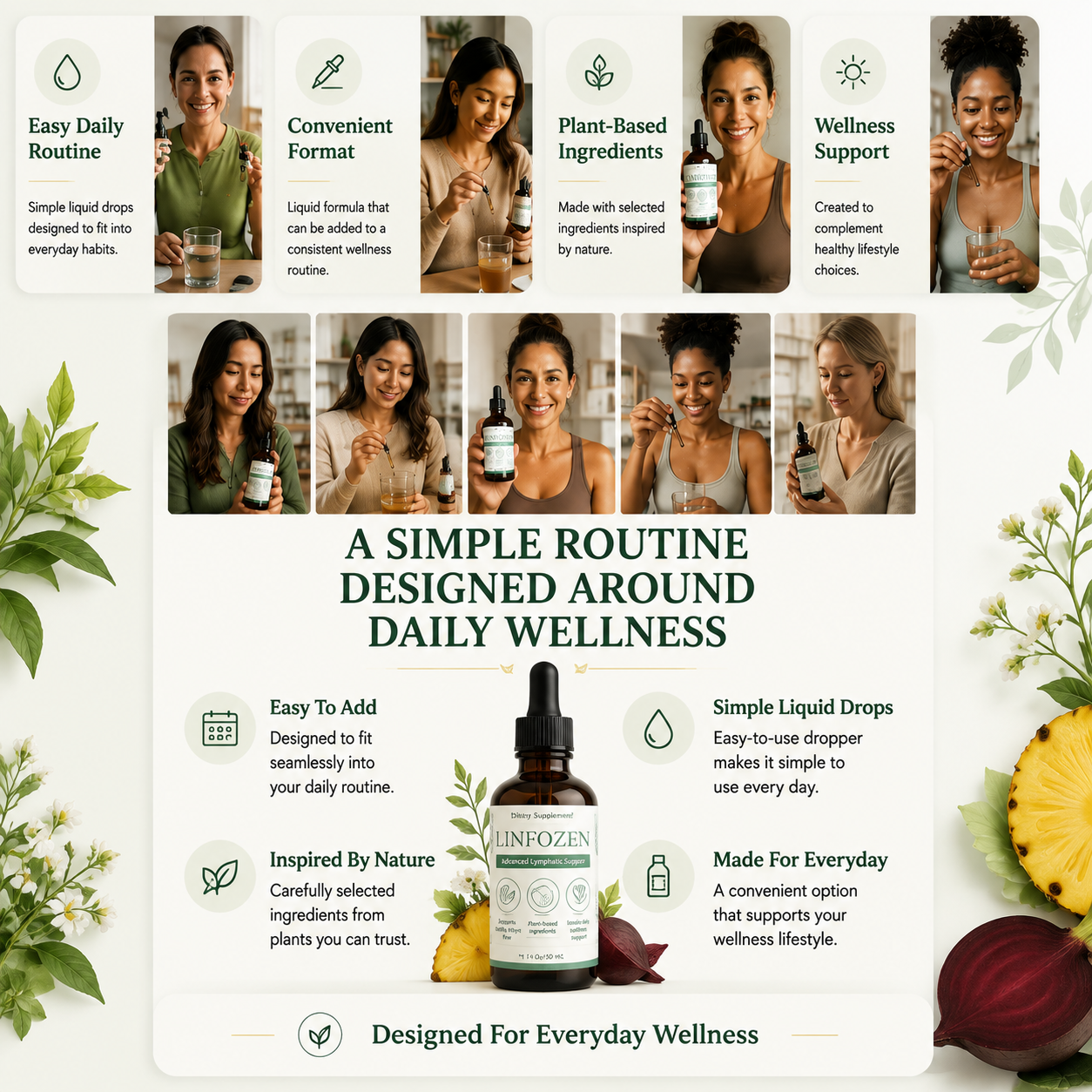 Daily wellness routine illustration for Linfozen