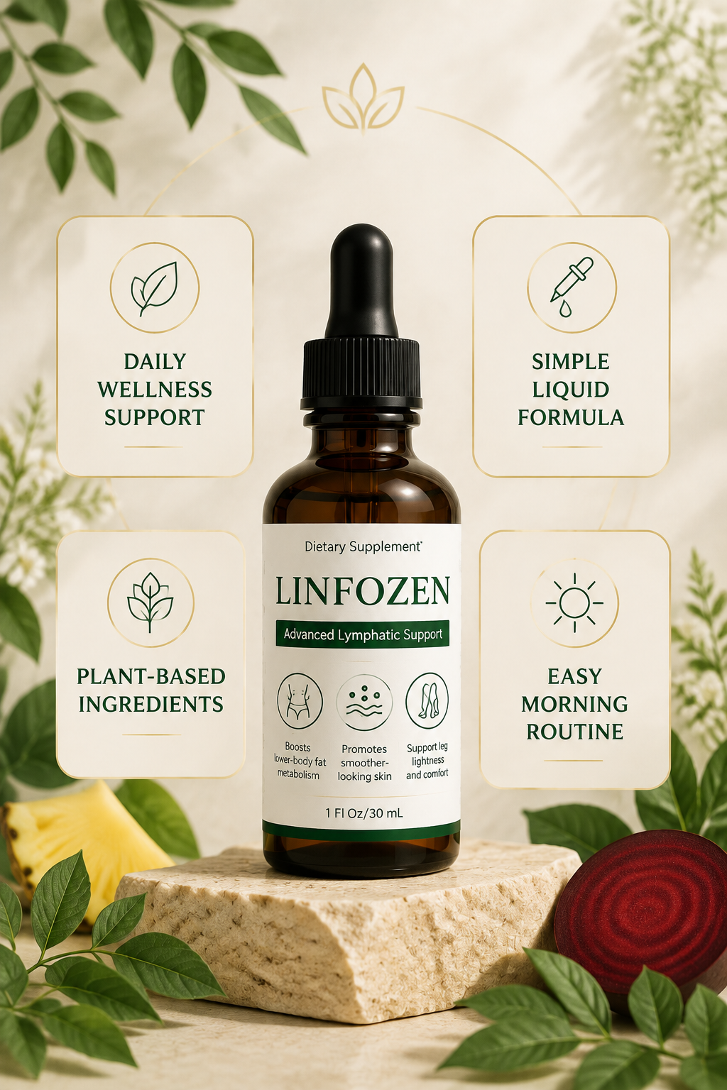 Linfozen bottle with four daily-wellness product features